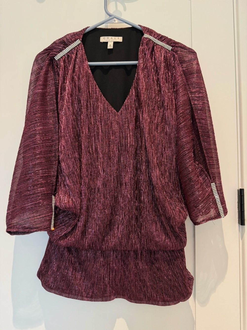 Chaus Metallic Plum V-Neck Tunic with Embellished Shoulders
